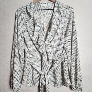 Max Studio Blouse Womens Medium White Polka Dot Ruffle Wrap Tie Waist Top